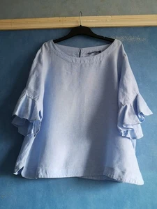 M&S Petite 100% Pure Linen Chambray Blue 3/4 Sleeve Tunic Blouse Size 16 P - Picture 1 of 11