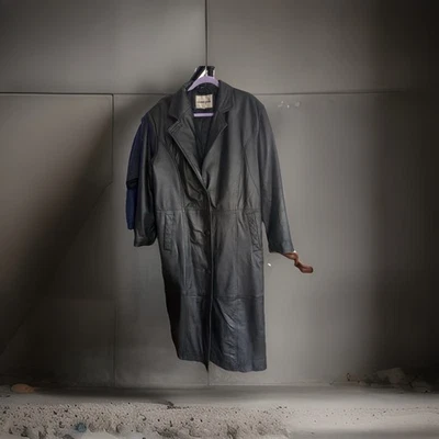 Винтажный 1980-х черный натуральной кожи куртка длинный Тренч большой Donna Pelle - Изображение 1 из 4