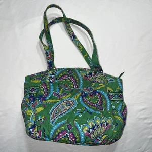 Vera Bradley Large Pleated Tote Shoulder Bag Purse Trimmed Emerald Green Paisley - Picture 1 of 7