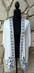 Knox Rose Kimono Cardigan Topper M L Off White Navy Embroidered Boho Coverup EC - Picture 1 of 12