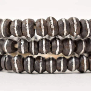 Ebony Wood Trade Beads with Inlaid Silver Stripe Mali 30 Inch - Picture 1 of 10
