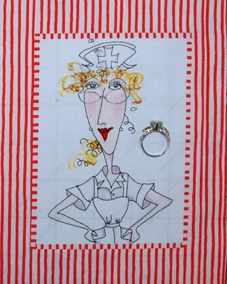 BonEful FABRIC Cotton Quilt Applique Loralie B&W Red White Stripe 911 Nurse Lady - Image 1 of 4