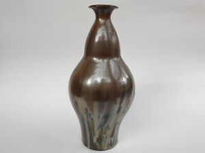 Emile Aubry, vase grès émaillé irisé à double panse. Art nouveau