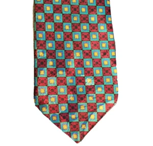 Cravatta vintage Henry & Co. blu nera rossa gialla a quadri geometrica USA anni 90 - Foto 1 di 7