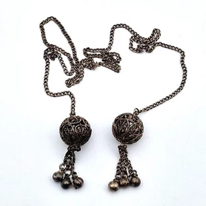 Vintage Pewter Filigree Necklace With Dangling Bells, Antique Statement Jewelry - Picture 1 of 7