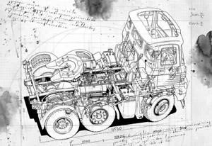 Scammell Trunker Lorry Technical Line Drawing Cutaway Art Poster Print - Picture 1 of 1