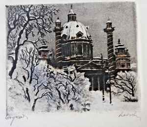 Karlskirche im Schnee Original Farbradierung Hans Leisch Wien Art Deco - Bild 1 von 5