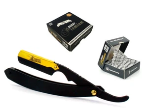 Matt Black Golden Head Folding Straight Razor + 100 Derby Premium Blades by CS - Bild 1 von 1