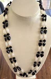 Vintage Double 2 Strand Necklace BLACK WHITE BEADS - Picture 1 of 2
