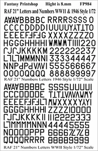 RAF Números y Letras 21" Transferencias Calcomanías Segunda Guerra Mundial y 1946- FP984 NEGRO ESCALA 1/72 - Imagen 1 de 3
