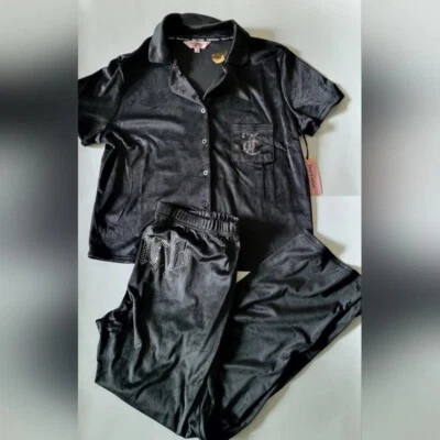 Juicy Couture 2-piece Velour pajama set Notch colar top Pants Size L Black - Image 1 of 4