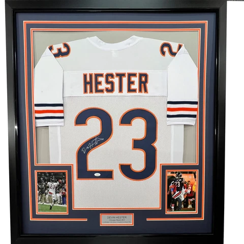 Framed Autographed/Signed Devin Hester 33x42 Chicago White Jersey JSA COA Cover