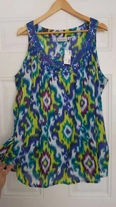 Women's Avenue 100%Cotton Colorful Pleated Embroidered Gauze Sleeveless Top18/20 - Picture 1 of 12