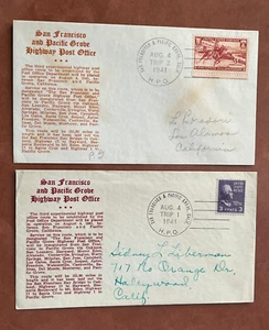 x2 SAN FRANCISCO PACIFIC GROVE HPO 1941 HIGHWAY POST OFFICE SCARCE CACHETS CA !! - Picture 1 of 2