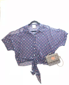 Romeo & Juliet Women’s Blue Polka Dot Cold Shoulder Cut Out Tie Front Shirt - Picture 1 of 8