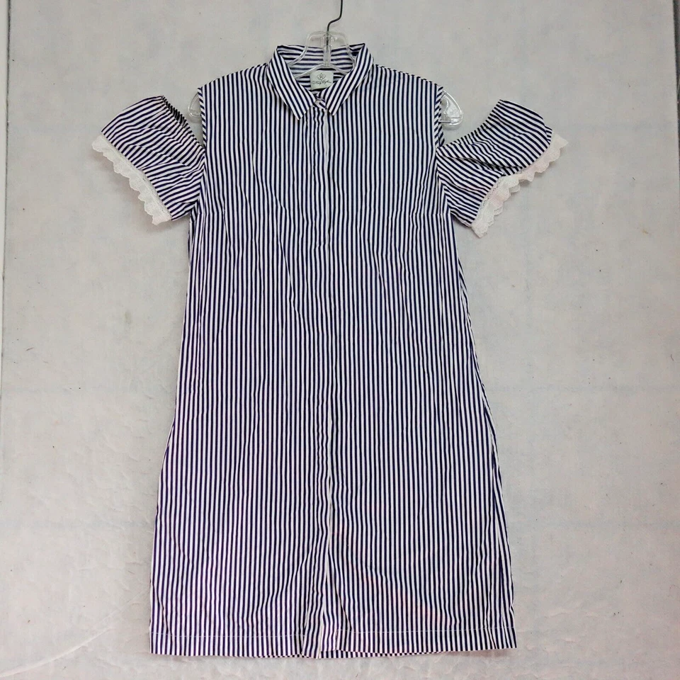 Holy Caftan Cold Shoulder Shirt Dress Women's Size 40 White/Blue Striped Cotton - Image 1 of 4