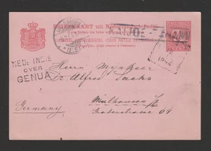 Netherlands Indies 1894 postal card to Germany - OVER GENUA - great markings - Picture 1 of 2