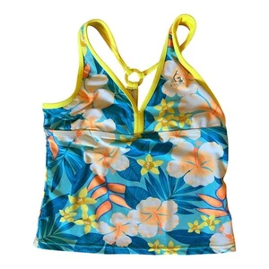 Gerry Hawaiian Tropical Floral Yellow Blue Tankini Swim Top Girl’s Kids 10/12 - Picture 1 of 4