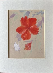 Yoshie Watercolor Hibiscus & Butterfly, Signed Original, 6x8 on Paper,  - Picture 1 of 3