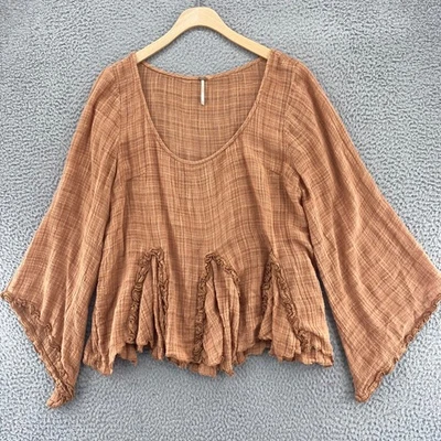 Free People Top Womens Large Brown 3/4 Angel Sleeves Ruffled Godet Gauzy Boho - Image 1 of 4