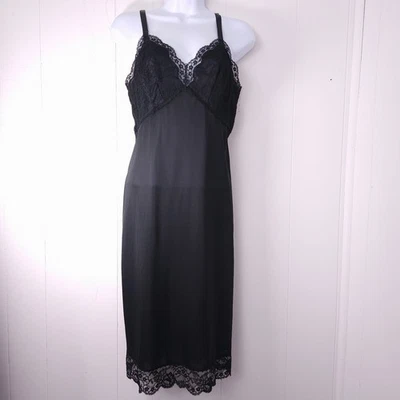 Vtg 50s Artemis Full Slip Lace Trim Black 34 Short Goth Vamp Dress Metal Sliders - Image 1 of 4