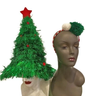 Christmas Tinsel Tree Hat & Headband Novelty Ugly Party Set 2pc  BIG 20" Pompom - Image 1 of 4
