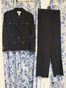 Bloomingdales Vintage Women Black Pinstripe Blazer & Wide Leg Pant- Size 4 - Picture 1 of 9