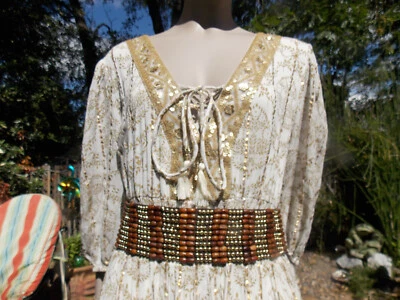 DE COLECCIÓN AÑOS 80 MUJER HECHO A MANO ANCHO MADERA Y ORO CUENTAS CUERDA LAZO CINTURÓN TRASERO 32" Foto 1 de 4