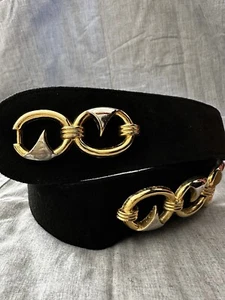 Women Black Belt Suede Statement Wide Modernist Art Deco Gold Tone Buckle 30-34 - Picture 1 of 12