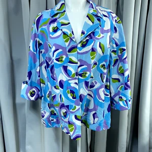 Aline Jacket Womens Plus 20W Blue Purple Abstract Rose Linen Blend Work Blazer - Picture 1 of 11