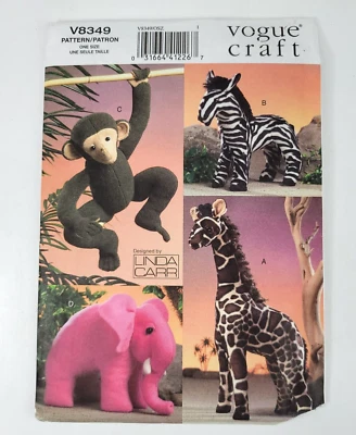 Vogue Craft Sewing Pattern V8349 Stuffed Animals Monkey Zebra Elephant Giraffe - Image 1 of 4