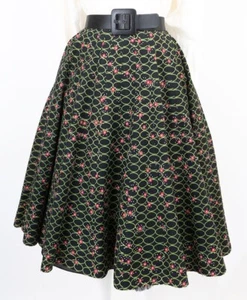 True Vintage 1950s Circle Skirt Cotton Black w/ Green & Red Loops & Flowers W 29 - Picture 1 of 5