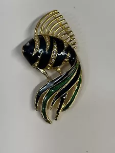 Broche de Peces De Colección Azul Verde Esmalte Estrás Tono Dorado Océano Playa Mar Prendedor 2.5" - Imagen 1 de 4