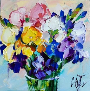 original oil painting Iris colorful flowers artwork Floral wall art 6*6 inch - Picture 1 of 10