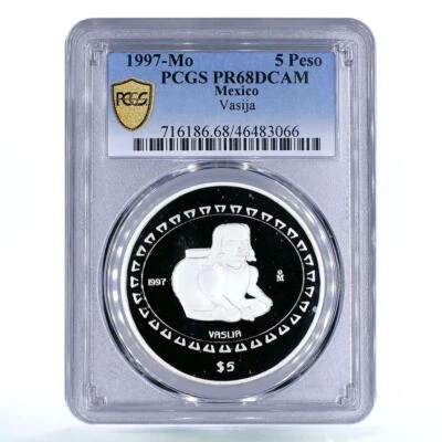 México 5 pesos Precolombina Teotihuacán Vasija Estatua PR68 PCGS Moneda Plata 1997 Foto 1 de 2