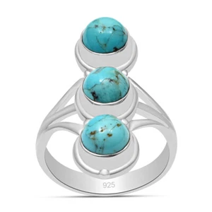 Solid 925 Sterling Silver Natural Turquoise Three Stone Ring For Women SC-80 - Picture 1 of 5