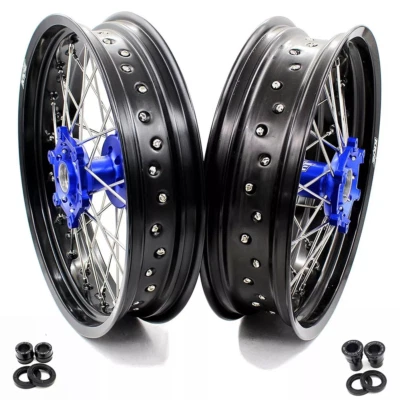 KKE 3.5/4.25 Supermoto Wheels Rims Set Fit Yamaha WR250R 2008-2022 CNC Blue Hubs - Image 1 of 4