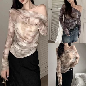 One Shoulder Tie Dye Long Sleeve T Shirt for Women in Khaki and Purple - Picture 1 of 28