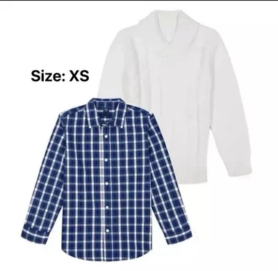 Suéter blanco tejido con cable Gap para niños y niños y camisa de vestir azul con botones, conjunto de 2 piezas XS Foto 1 de 4