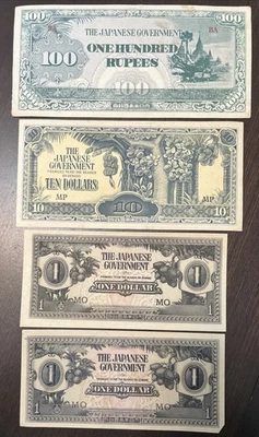 JAPANESE GOVERNMENT WWII 100 Rupees, $1 & $10 UNC LIKE 4 Notes - Image 1 of 2