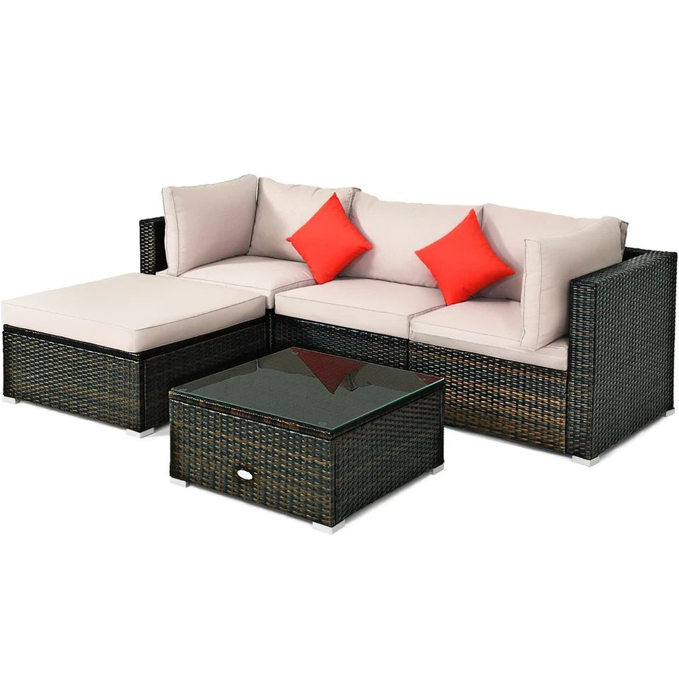 5pcs Outdoor Patio Rattan Furniture Set Sectional Conversation W/beige Cushion