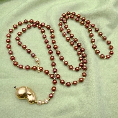 Cultured Gold Plated Baroque Pearl Pendant Brown AA Round Pearl Long Necklace - Image 1 of 4
