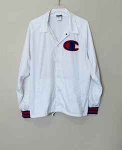 Champion Coaches Jacket Mens Large White Red Blue Windbreaker Athletic Logo - Picture 1 of 16