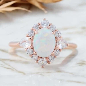 925 Sterling Silver 8X6MM Oval Shape Natural Opal Ring Cubic zirconia Halo Ring - Picture 1 of 10