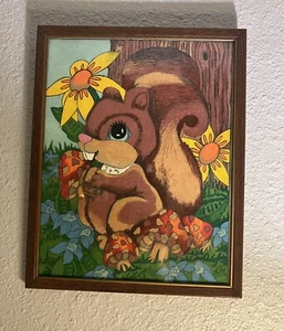 Pencil Drawing 11.5”x 14.5”  Print Squirrel Mushrooms 70s Orange Yellow Vintage - Picture 1 of 12