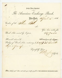 1856 American Exchange Bank NY banconota oro ricevuta dipartimento denaro estero firmata - Foto 1 di 2
