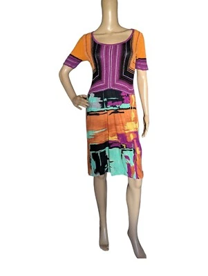 Vintage 90s Missoni Abstract Color Block Short Sleeve Knit Cotton Mini Dress 8 - Image 1 of 4