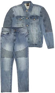 Men's Premium Denim Biker Jean Suit Slim Fit Jeans with Classic Fit Biker Jacket - Picture 1 of 7