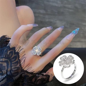 Cubic Zirconia Four Leaf Anti-anxiety Clover Rotating Ring 18K White Gold Plated - Picture 1 of 4