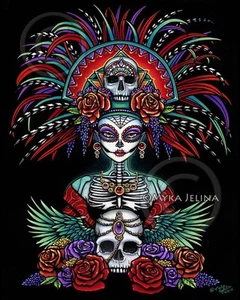 Dia De Muertos Candy Skull Bones CANVAS Print Festival Mictecacihuatl Signed - Picture 1 of 3